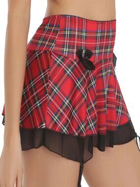Sexy Women School Girl Lingerie Mini Skirt Short Plaid Fancy Dress with Garter